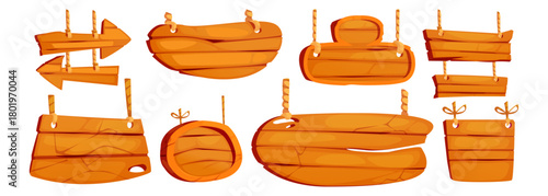 Wooden signboard with rope attachments - cartoon frames of various shapes, directional arrow signs, oval and rectangular hanging boards. Rustic timber planks for game ui elements, tavern banners