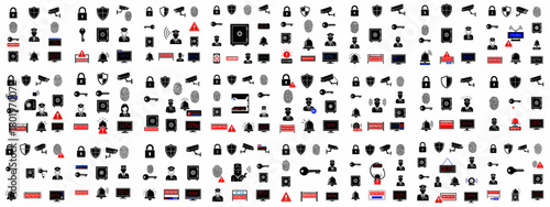 Seamless pattern of essential security and surveillance icons, including CCTV cameras, locks, keys, safes, fingerprints, and alarm systems.