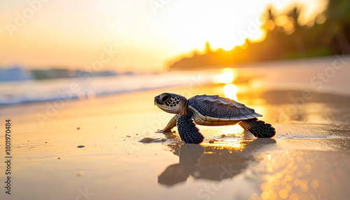 Hatchling turtle walking on sandy beach at sunset