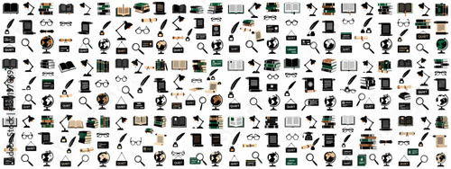 Seamless pattern of library and study icons featuring books, desk lamps, globes, quills, and magnifying glasses in black, brown, and green hues.