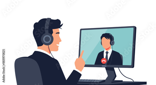 Man wearing headphones and suit talking to a colleague on a computer screen during a video call