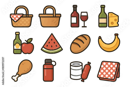 Picnic items: basket, wine, cheese, fruits, bread, blanket icons on white.