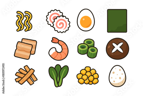 Assorted japanese ingredients illustrated: noodles, egg, seaweed, and vegetables.