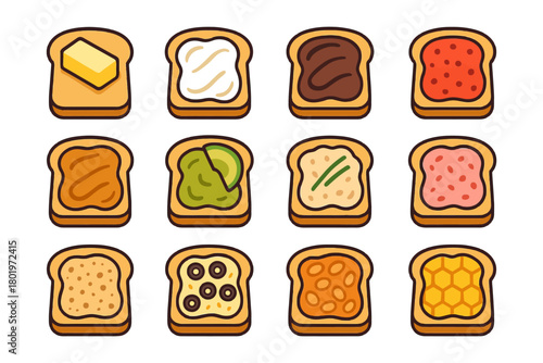 Twelve assorted toast illustrations featuring various toppings.
