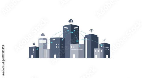 Modern city skyline with sleek skyscrapers and subtle glowing lights against a white background