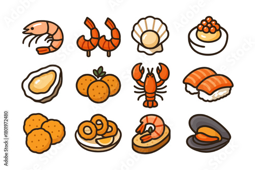 Cartoon seafood delights: shrimp, lobster, sushi, and more.