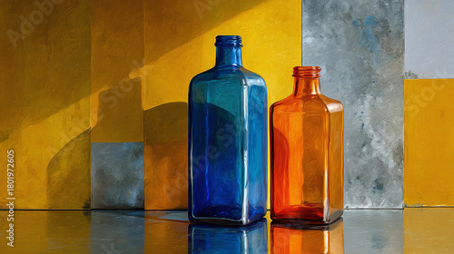 A still life featuring two antique glass bottles against a textured backdrop of yellow and gray blocks. The bottles, one blue and the other amber, stand on a reflective surface