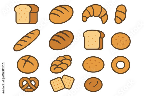 Assorted bread icons: baguette, croissant, pretzel, loaf, roll, bagel.