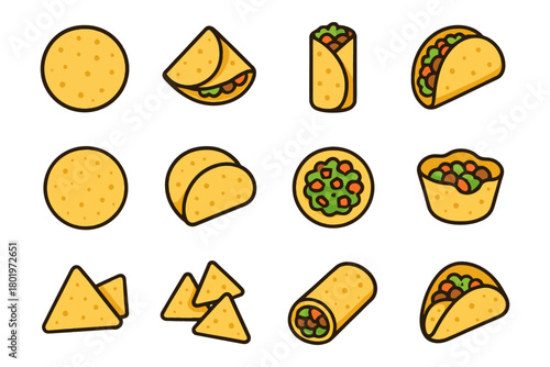 Various mexican foods: tacos, burritos, nachos, and tortillas in cartoon style.