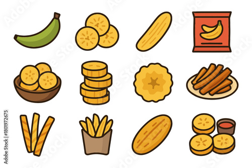 Variety of banana snacks and treats: chips, cookies, and baked goods.