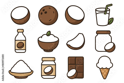Coconut products collection including milk, oil, cream, and ice cream.