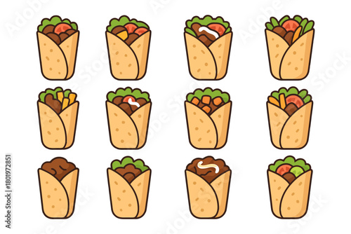 Cartoon burrito varieties with meat vegetables and sauces on white background.