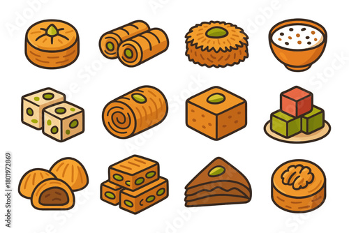 Assorted middle eastern and mediterranean sweets vector icons set.