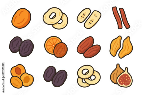 Variety of dried fruits illustrations: apricots, bananas, figs, prunes, dates, mangoes, oranges.