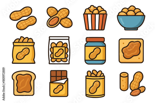 Various peanut products icons including butter peanuts and snacks in colorful containers.