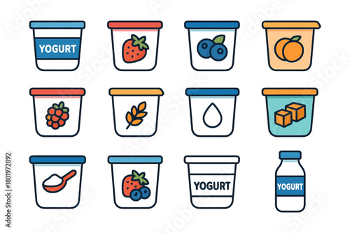 Assorted yogurt containers with fruits and ingredients icons.