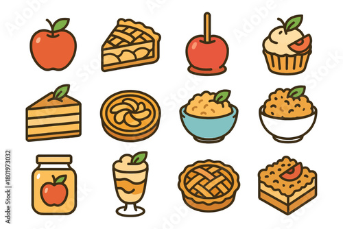 Apple desserts collection: pies, tarts, muffins, and more illustrated.