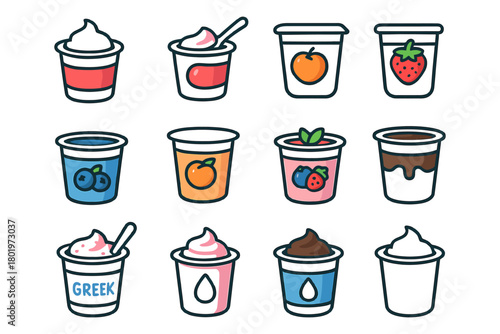 Assorted yogurt packets with fruit and flavor icons in colorful cups.