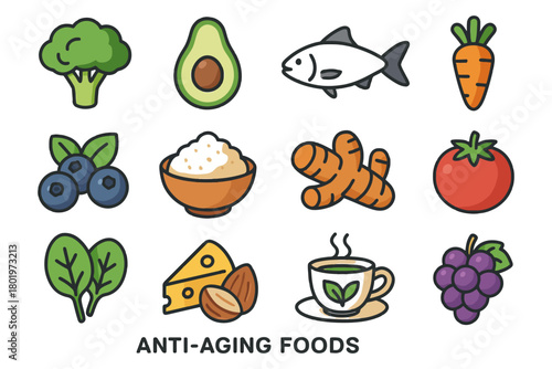 Colorful illustration of anti-aging foods: vegetables, fruits, fish, nuts, and tea.