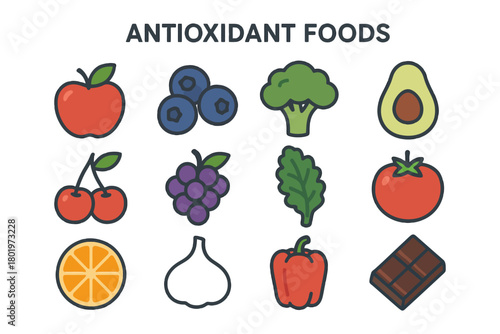 Illustrated antioxidant foods: fruits, vegetables, and chocolate variety.