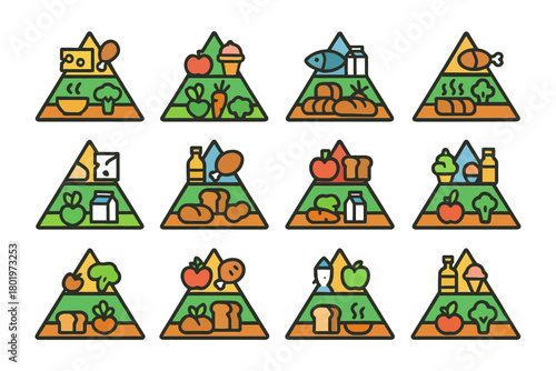 Colorful food pyramid icons illustrating balanced diet and nutrition.