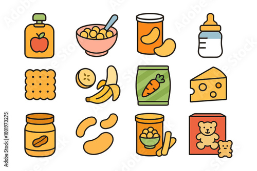 Assorted baby food icons: fruits, vegetables, snacks, bottles, and jars.