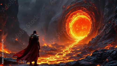 Heavily armored combatant facing fiery chasm amid volcanic eruption