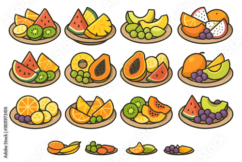 Assorted tropical fruit slices on plates.