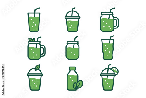 Variety of green juice icons in glasses jars and bottles with straws.