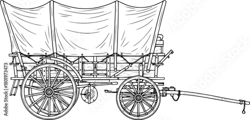 An intricate  vector of  covered wagon, set against a stark white background