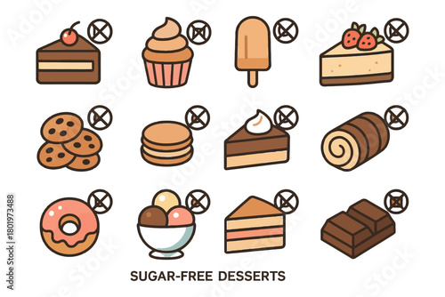 Collection of sugar-free desserts with cake, ice cream, cookies, and chocolate.