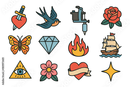 Vintage tattoo symbols collection featuring heart dagger and ship.