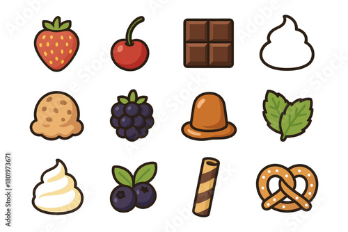 Collection of sweet treat and dessert icon set featuring fruits and chocolate.