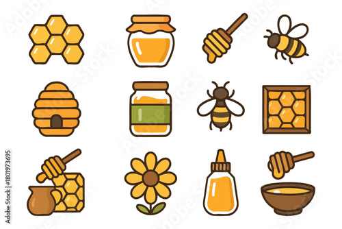 Cute bee and honey icons with beehives, honeycomb, and flowers.