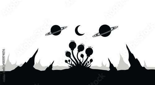 Surreal alien landscape with ringed planets and crescent moon in a stark black and white silhouette