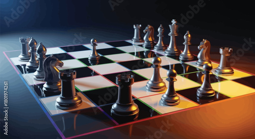 Chess pieces strategically positioned on a chessboard ready for a competitive game
