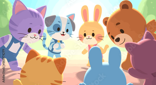 Cute cartoon animal friends cat rabbit and bear gathering in a sunny forest.