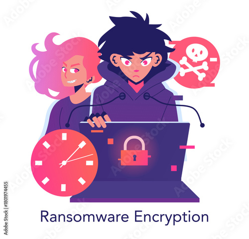 Hacker Initiating Ransomware Encryption Vector Illustration