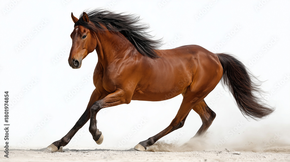 Naklejka premium Dynamic brown horse galloping with flowing mane isolated on a white background