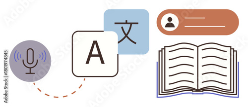 Open book, language blocks, microphone, and user profile highlight translation, education, and communication. Ideal for e-learning, localization, linguistics AI cultural exchange knowledge
