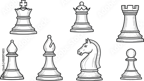 Chess pieces illustration featuring king queen rook bishop knight and pawn icons