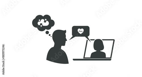 Man thinking about love and connection during a video call with a woman on his laptop