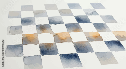 Watercolor chessboard pattern in blue and brown tones on textured white paper