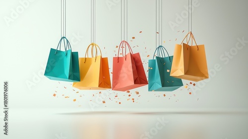 Colorful shopping bags hanging, confetti falling, white background; retail promotion