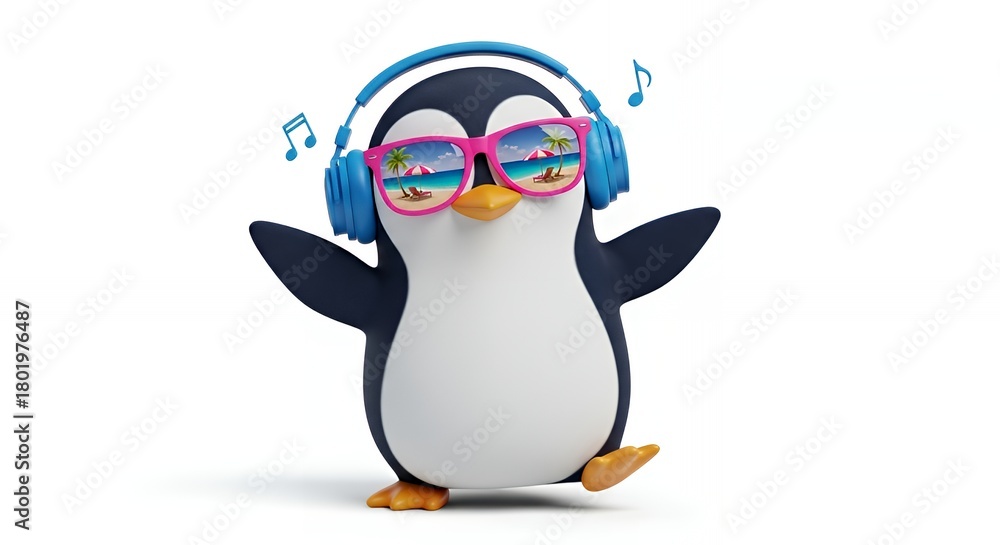 Obraz premium Playful Penguin Wearing Colorful Sunglasses and Headphones on White Background