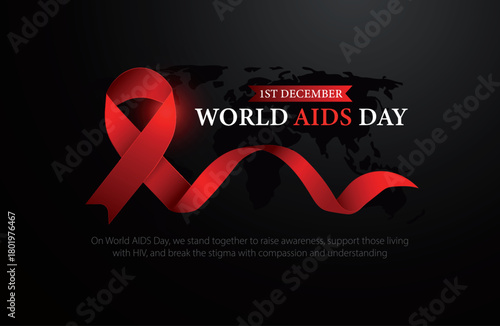 Aids Awareness Red Ribbon. World Aids Day concept. 1st December. Vector EPS Illustration on dark background.