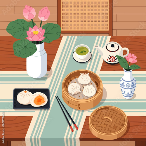 An inviting vector illustration of a traditional dim sum meal, featuring bamboo steamers, baozi buns, green tea, and lotus flowers on a table