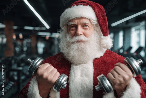 A joyful man dressed as Santa Claus lifts dumbbells in a modern gym, showcasing a fun and healthy holiday spirit. The festive attire brings cheer while promoting fitness