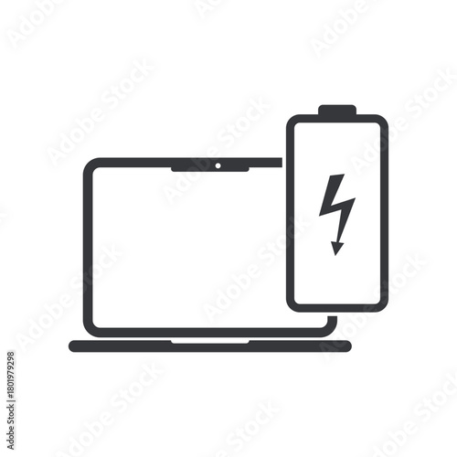 Isolated pictogram of a laptop with a battery charging icon, symbol for laptop charging station in public or office areas.