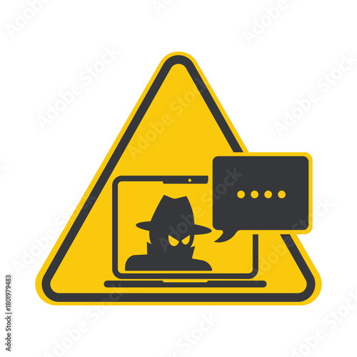 Isolated safety sign suspicious masked figure on a laptop screen with a chat bubble, symbolizing online scam or cyber threat.